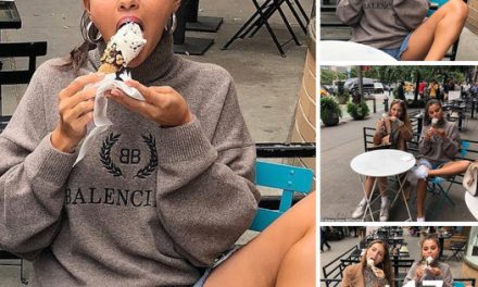 Selena Gomez devours a frozen treat at a sidewalk café as she shows off her legs in Daisy Duke shorts: ‘Ice cream chillin’