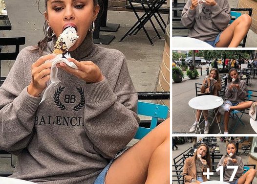 Selena Gomez devours a frozen treat at a sidewalk café as she shows off her legs in Daisy Duke shorts: ‘Ice cream chillin’