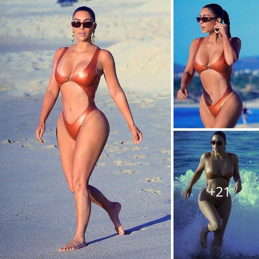 EXCLUSIVE: No Skims needed! Kim Kardashian showcases her picture perfect curves as she swaps shapewear for VERY skimpy bronze monokini