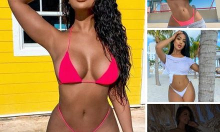 Model causes a stir as she wears skimpy frontless swimwear for a night out