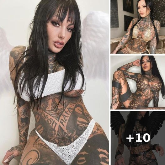 Tattoo model with hundreds of inkings slips into latex boob top and chains