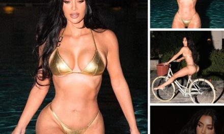 Kim Kardashian showcases her breathtaking figure in a captivating gold bikini while enjoying a midnight swim in Italy