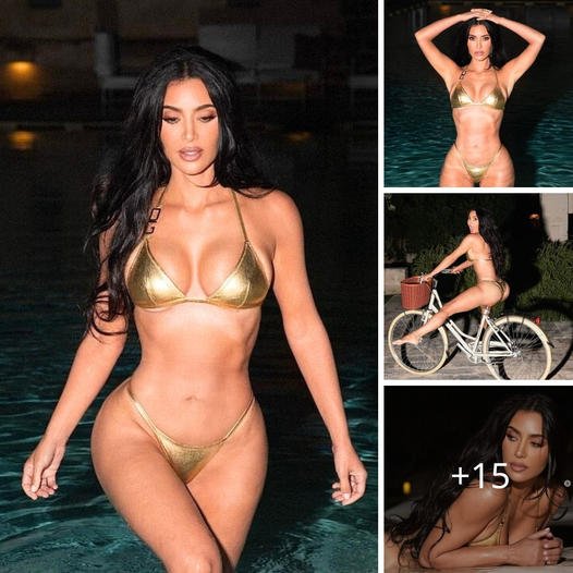 Kim Kardashian showcases her breathtaking figure in a captivating gold bikini while enjoying a midnight swim in Italy