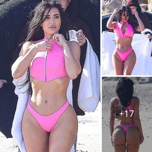 Kim Kardashian flaunts her bare backside in a pink thong bikini during a rare behind-the-scenes glimpse of Skims photoshoot