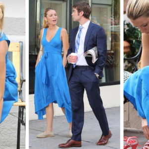 Blake Lively lives the high life in towering heels and seductive in blue on Gossip Girl set (but comes down to earth with comfy loafers between takes)
