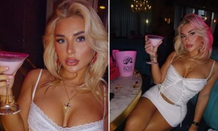 Ellie Brown from Love Island wows on a night out in a sheer white corset and mini skirt