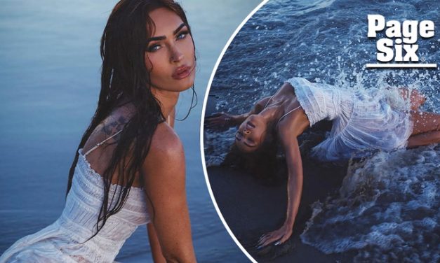 MEGAN FOX POSES SEDUCTIVELY ON THE BEACH IN HALF A DRESS